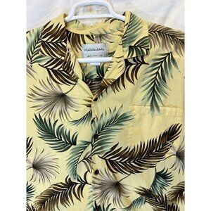 Halekulani Hawaiian Aloha Short Sleeve Camp Shirt XL Yellow Rayon Palm‎ Leaves